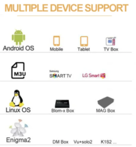 QHDTV IPTV SHOP IPTV STREAM PLAYER ABONNEMENT 12 MOIS (POUR TOUS LES APPAREILS) ilcônes des appareils compatibles avec le service IPTV QHDTV : Android, iOS, Windows, Smart TV, Firestick, MAG Box.