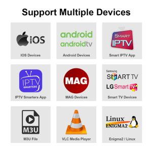 Infographie illustrant les nombreux appareils compatibles avec l'abonnement SubTV, tels que Smart TV, Android, iOS, MAG, et VLC.