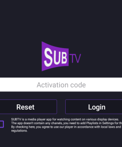 Interface de connexion de l'application SUBTV avec champ pour le code d'activation.