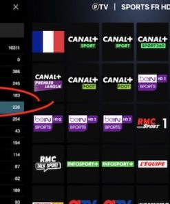 Application IPTV premium affichant des chaînes de sport françaises en HD.