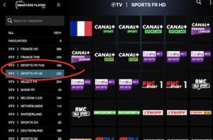 Application IPTV premium affichant des chaînes de sport françaises en HD.