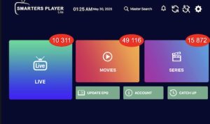 nterface d'une application IPTV premium avec des sections pour la télévision en direct, les films et les séries.